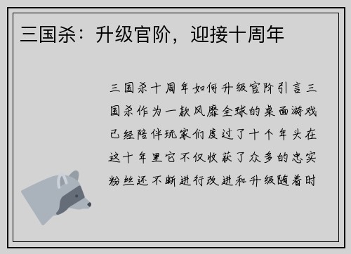 三国杀：升级官阶，迎接十周年
